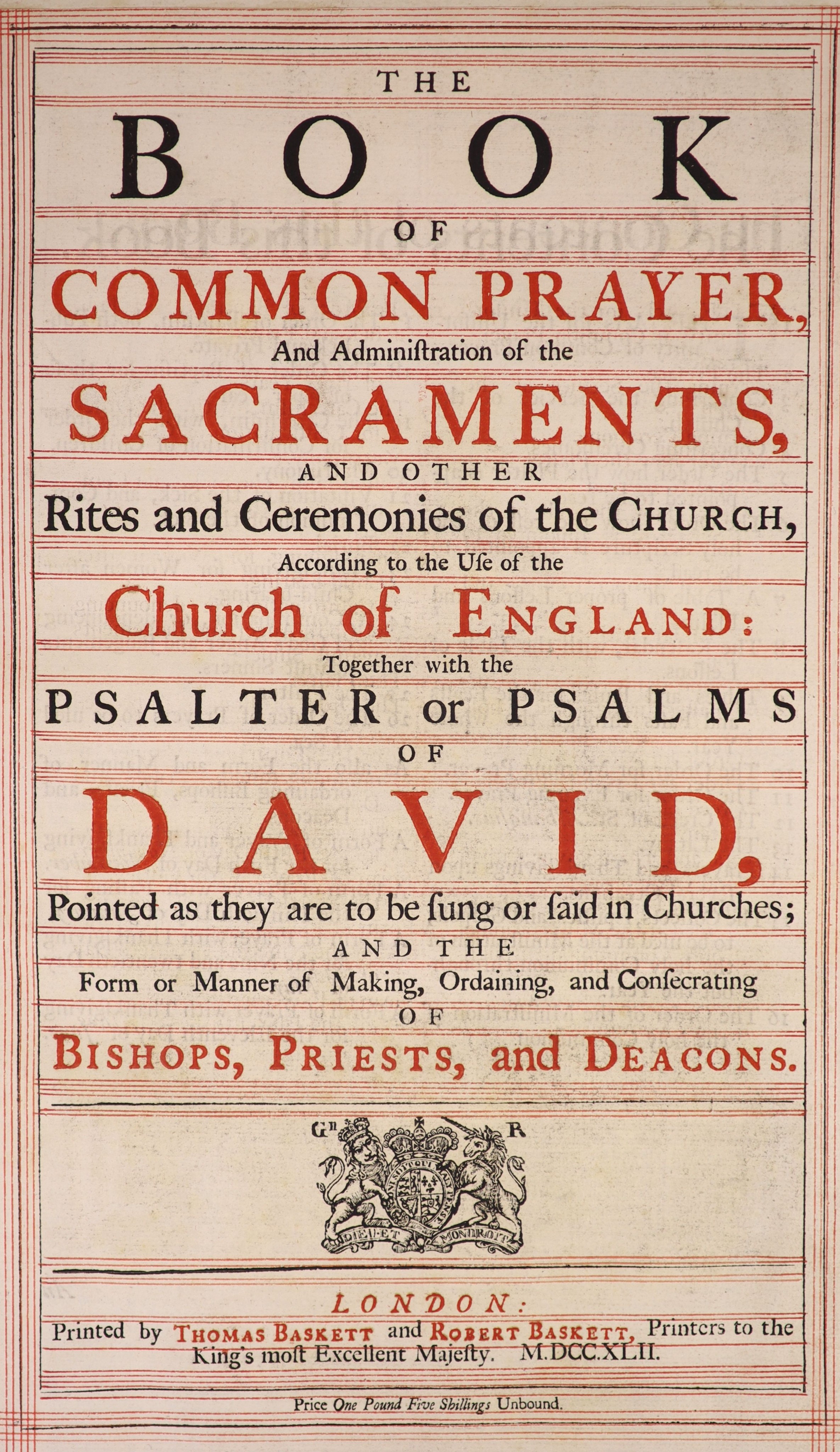 The Book of Common Prayer..... title printed in red and black, frontis, head and tailpiece decorations, decorated initial letters, red ruled throughout, (28, 344), 23, (4)pp.; contemp. black gilt ruled and decorated calf